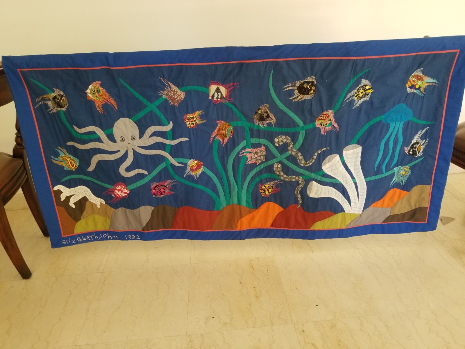 Vintage Hand Knotted Ocean Octopus Fishes Scene Wall Hanging Tapestry 80x180cms
