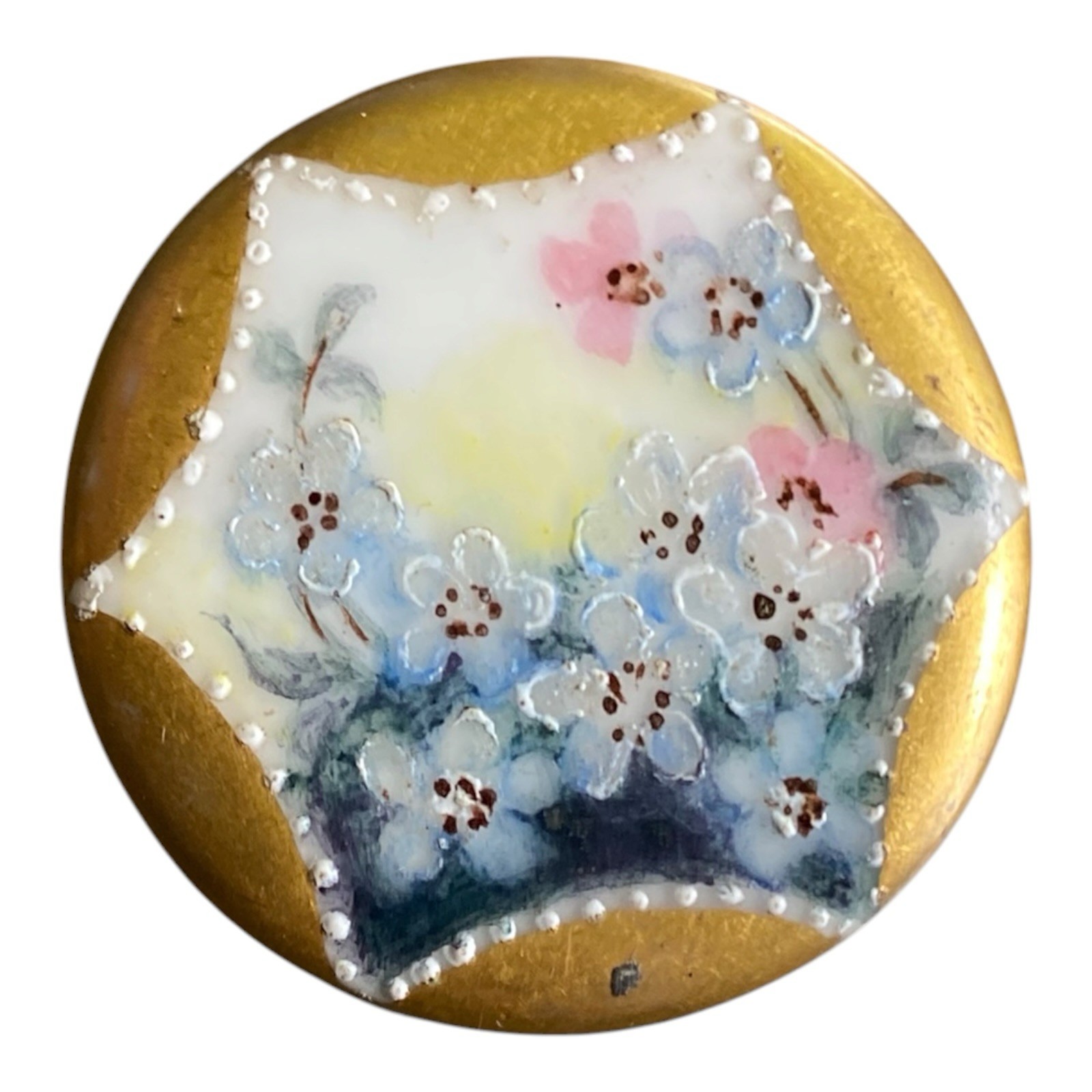 1” Antique Victorian Hand Painted Porcelain Button Forget Me Not Flower Gilt