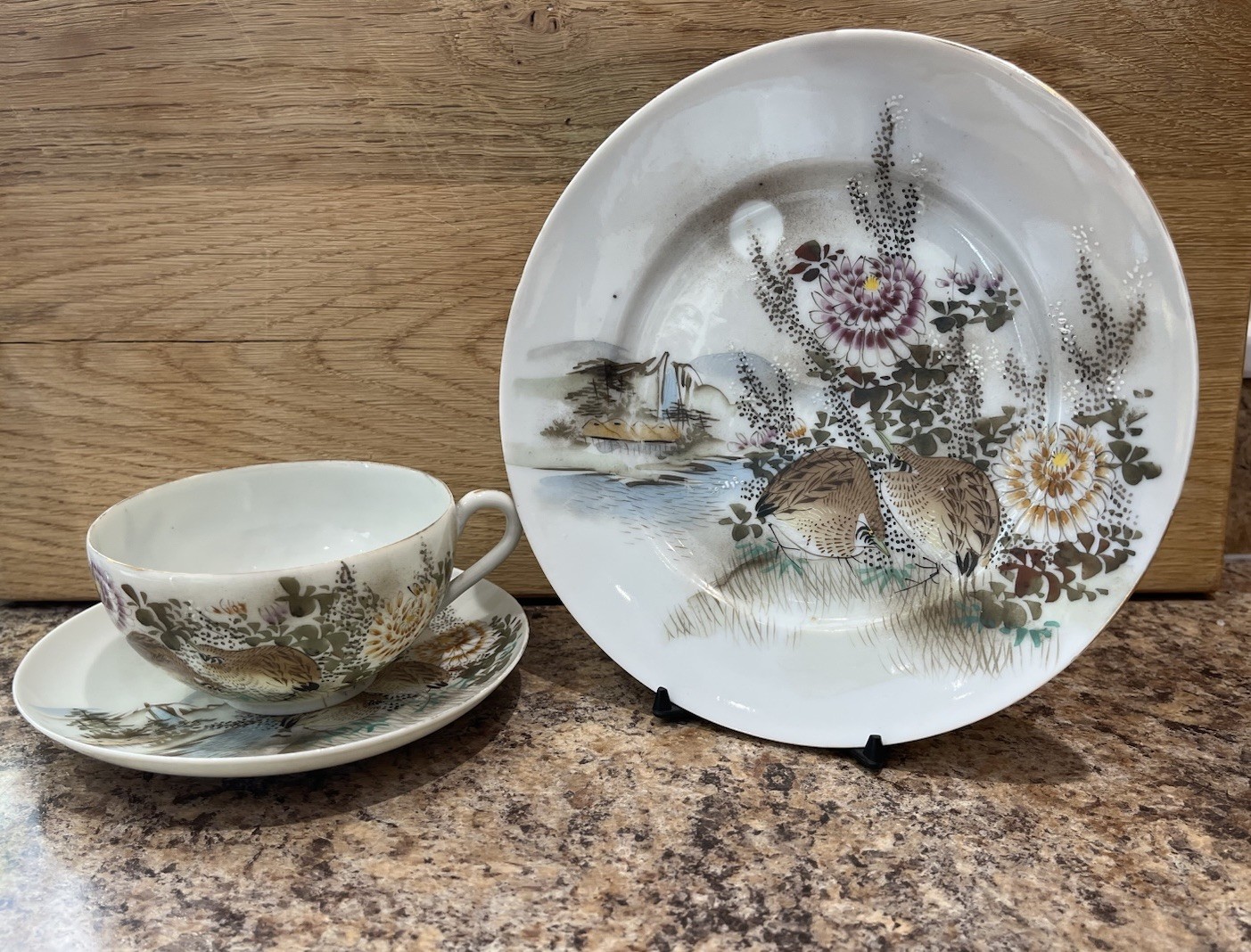 Japanese Quail Pattern Porcelain Cup Saucer Plate C 1930 Poss Kutani