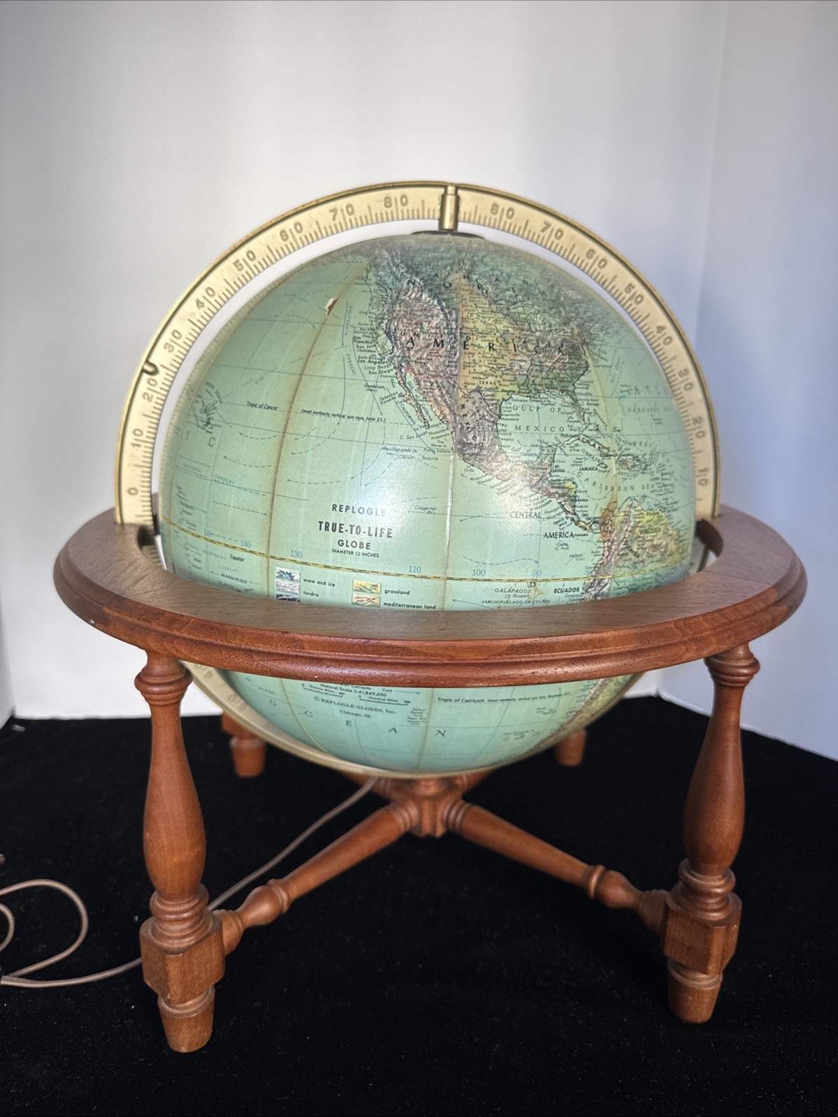 Vintage Replogle 12″ Diameter True-To-Life Light Up Globe Wooden Stand Tabletop