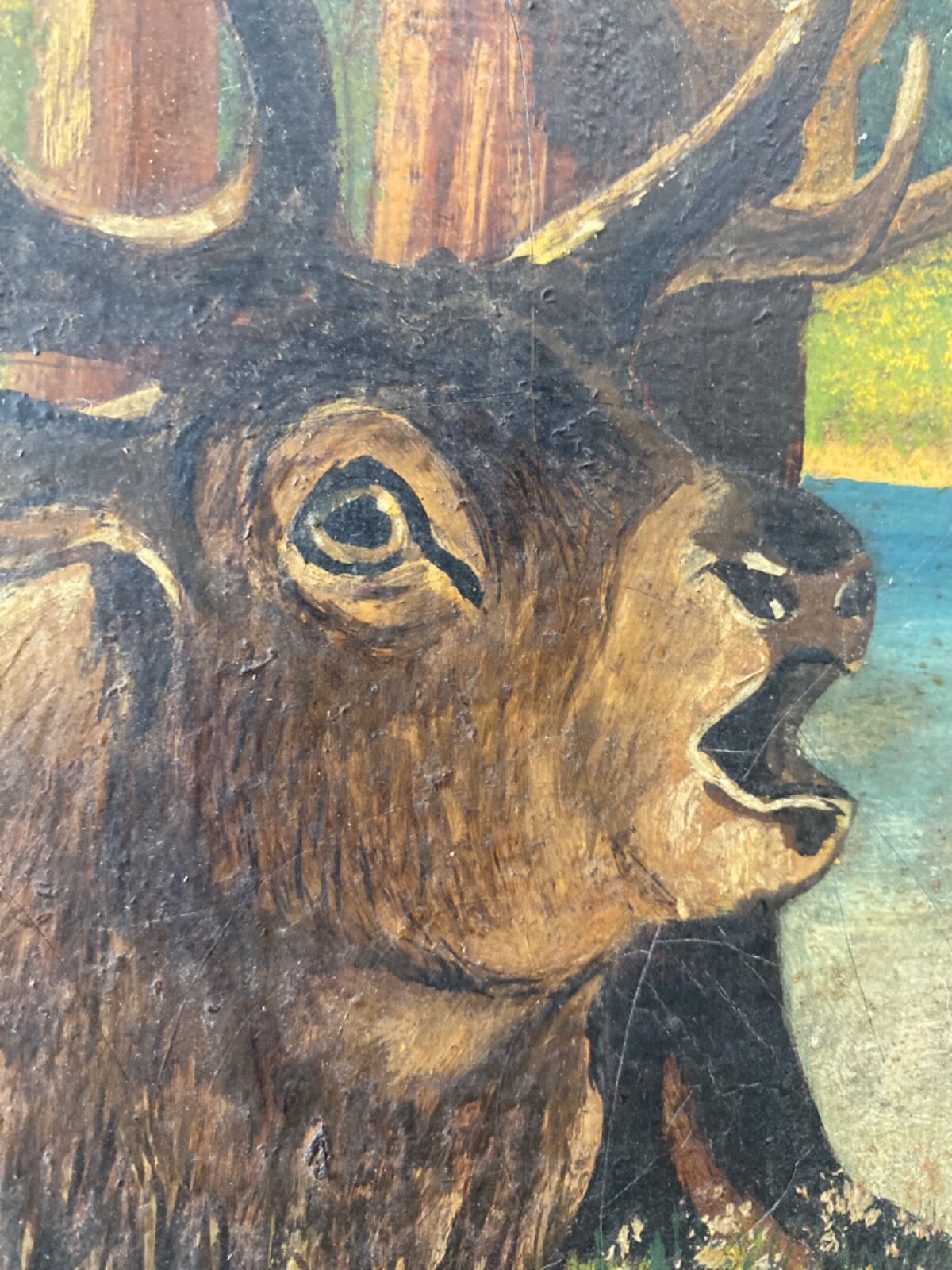 🔥 Antique Old Primitive American Folk Art Forest Elk Landscape Oil Painting ’26
