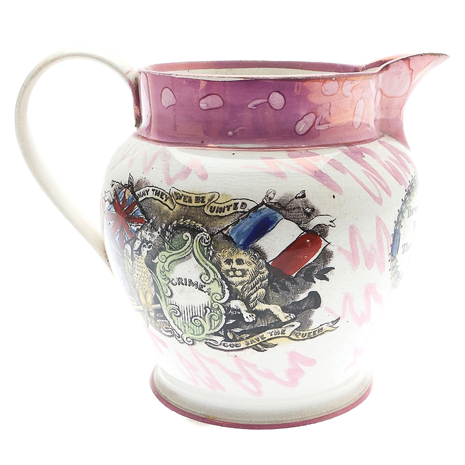 Antique Victorian Sunderland Lustre pottery British Empire Crimean Jug C.1853+