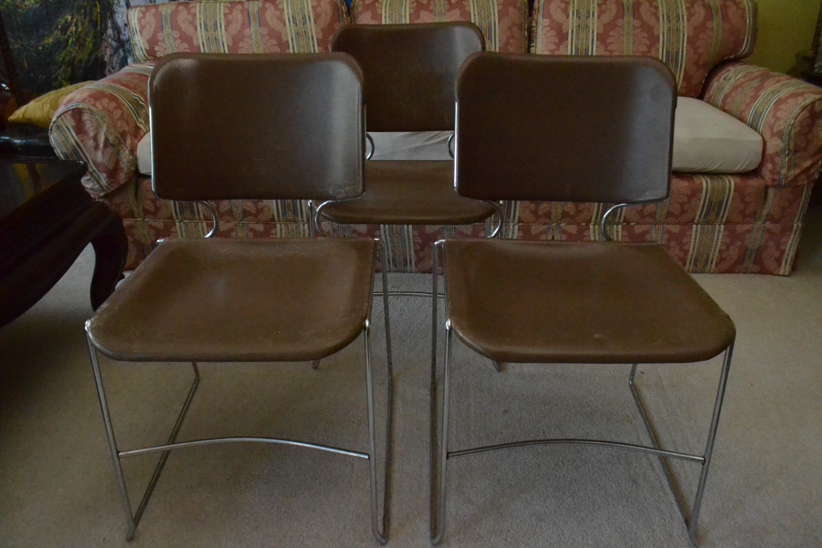 Vintage MCM Brown Chairs Steelcase Style Three Chrome Stackable Atomic