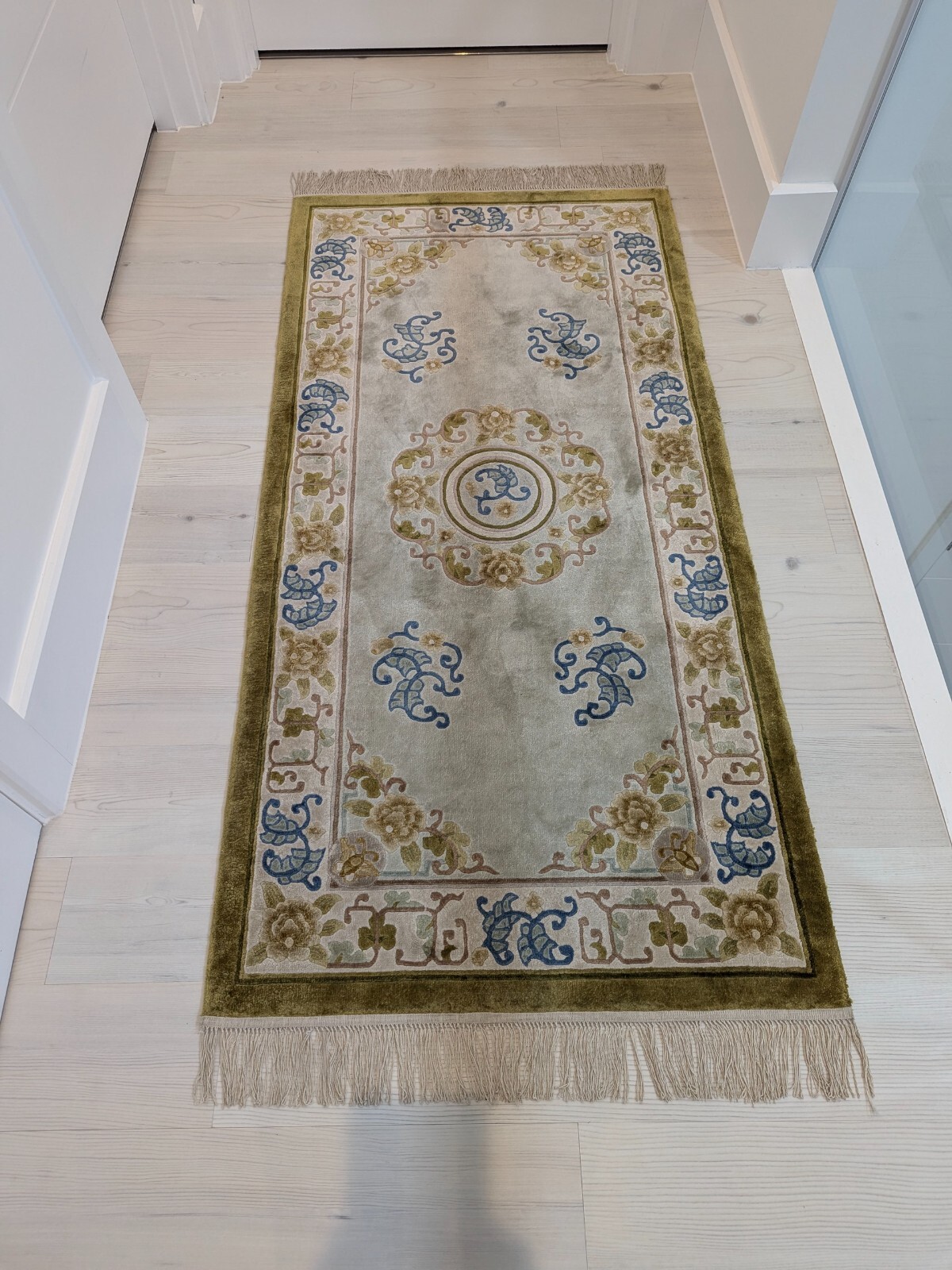 VINTAGE ORIENTAL HAND-KNOTTED SILK RUNNER RUG GOLDEN BROWN BLUE 156cm x 77cm