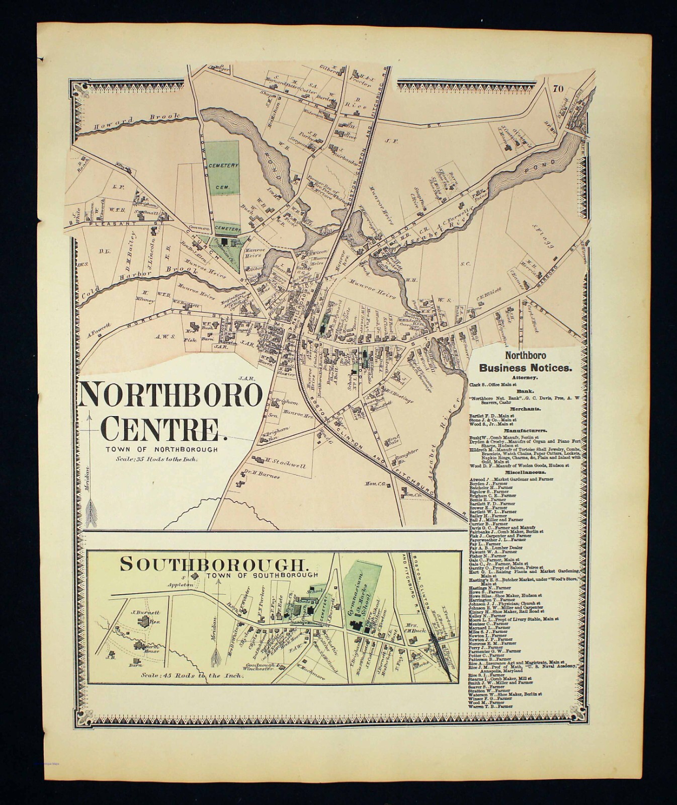 Antique 1870 Map City of Northboro Centre Southborough Worcester County MA