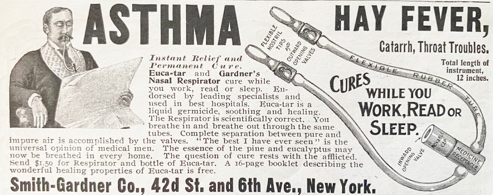 c1900 EUCA-TAR & Gardner’s Nasal Respirator Asthma Cure Quack Medicine Print Ad