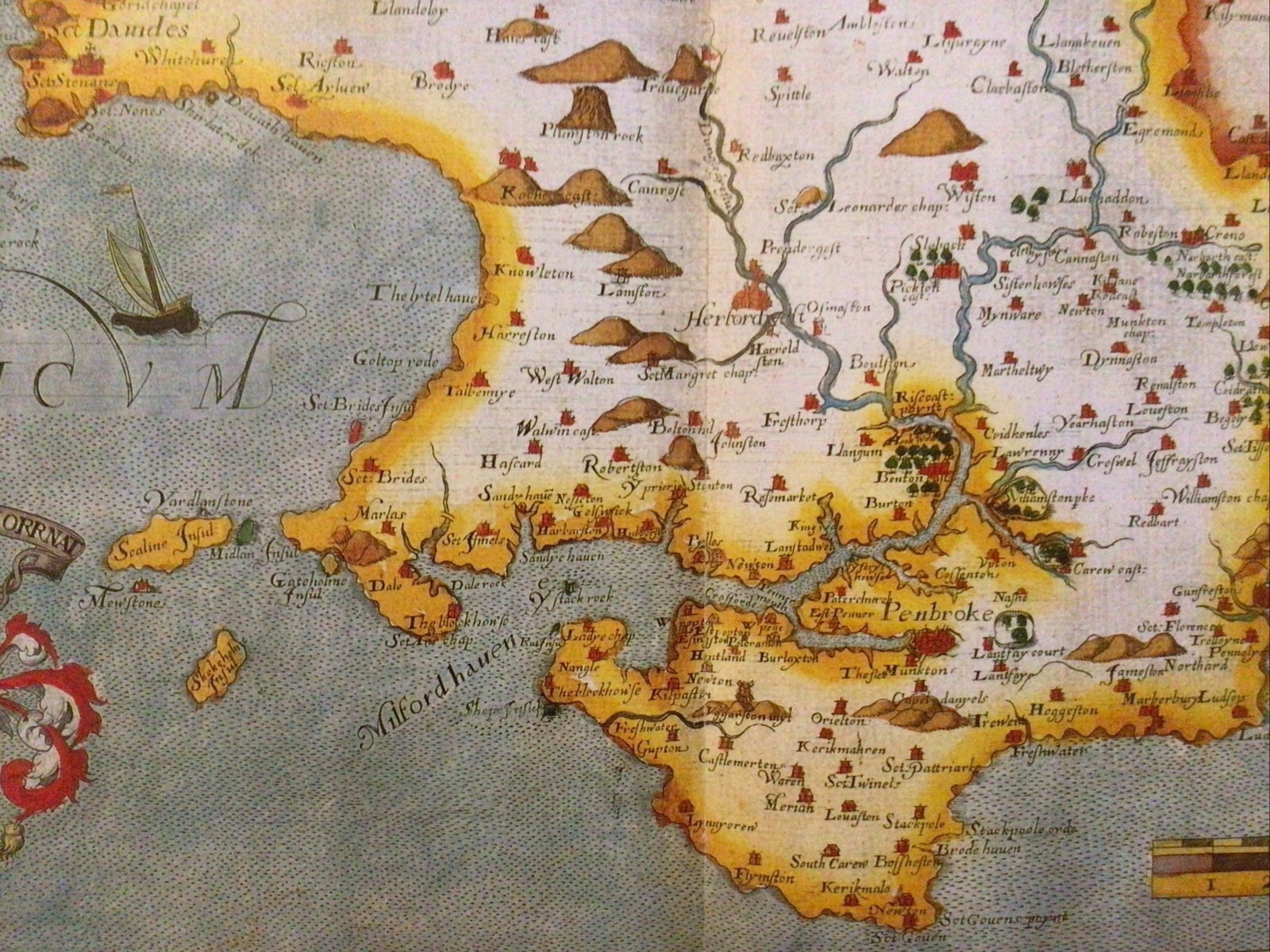Decorative County Map Pembroke, Book Plate Print By Christopher Saxton 1578