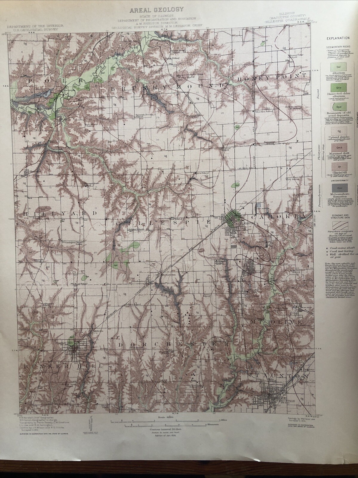 Antique 1926 US Geological Atlas Gillespie-Mount Olive Illinois Folio Maps