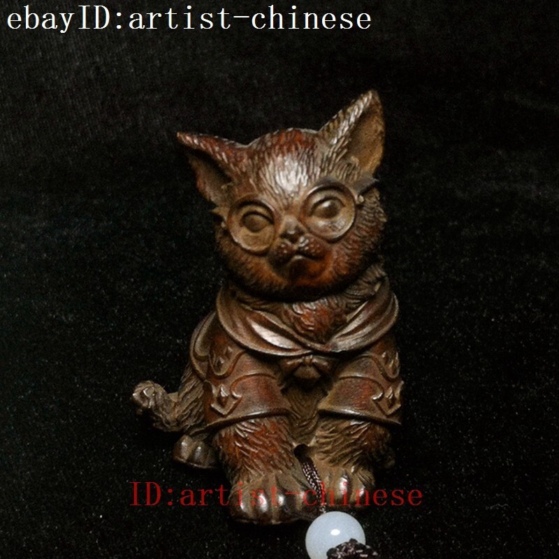 H 2.3 Inch Chinese boxwood hand carved cat Figure statue netsuke Collection Gift