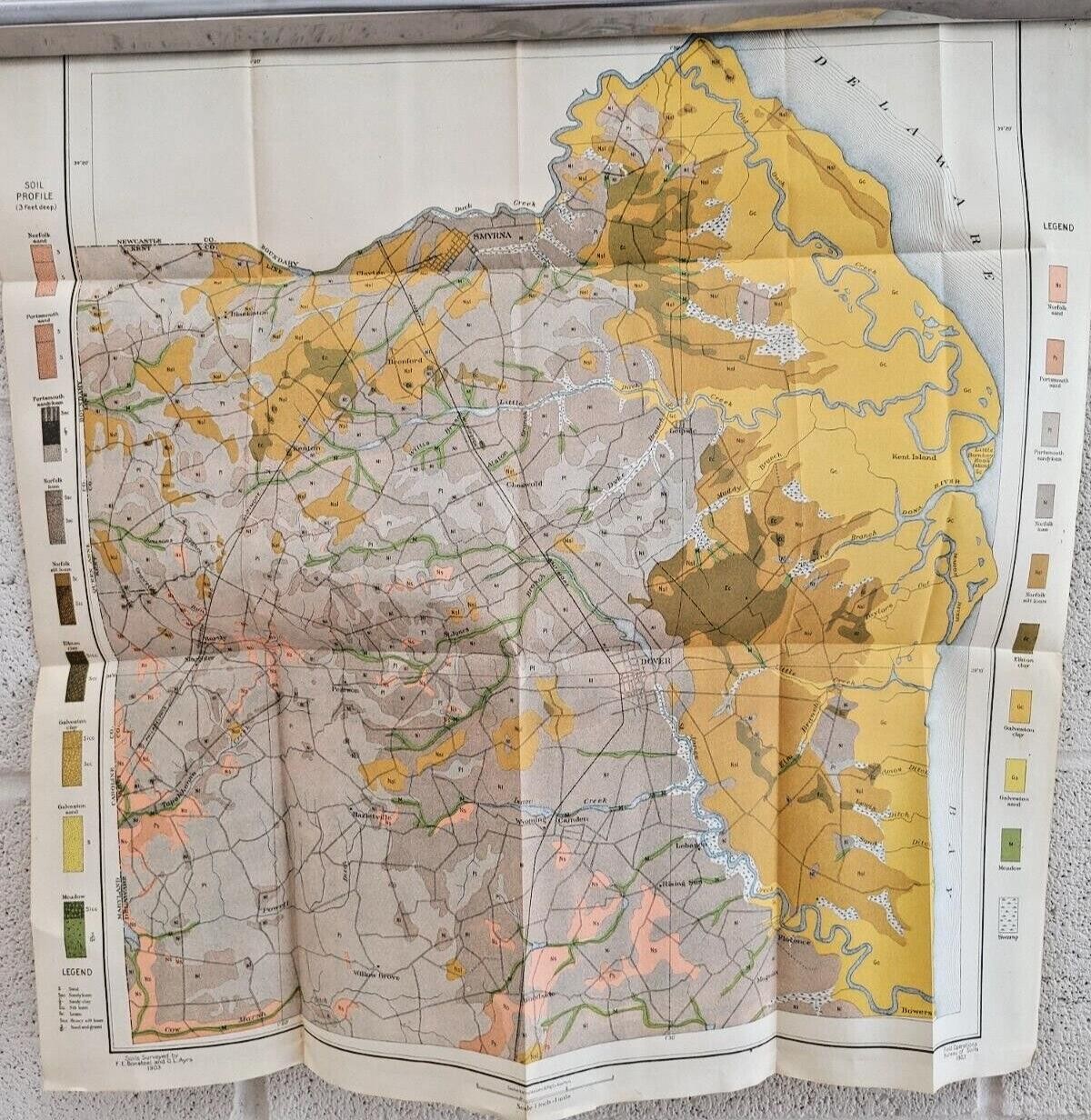 Antique 1903 Map Dover Delaware area Smyrna Wyoming Hartly 23″X23″ #21007
