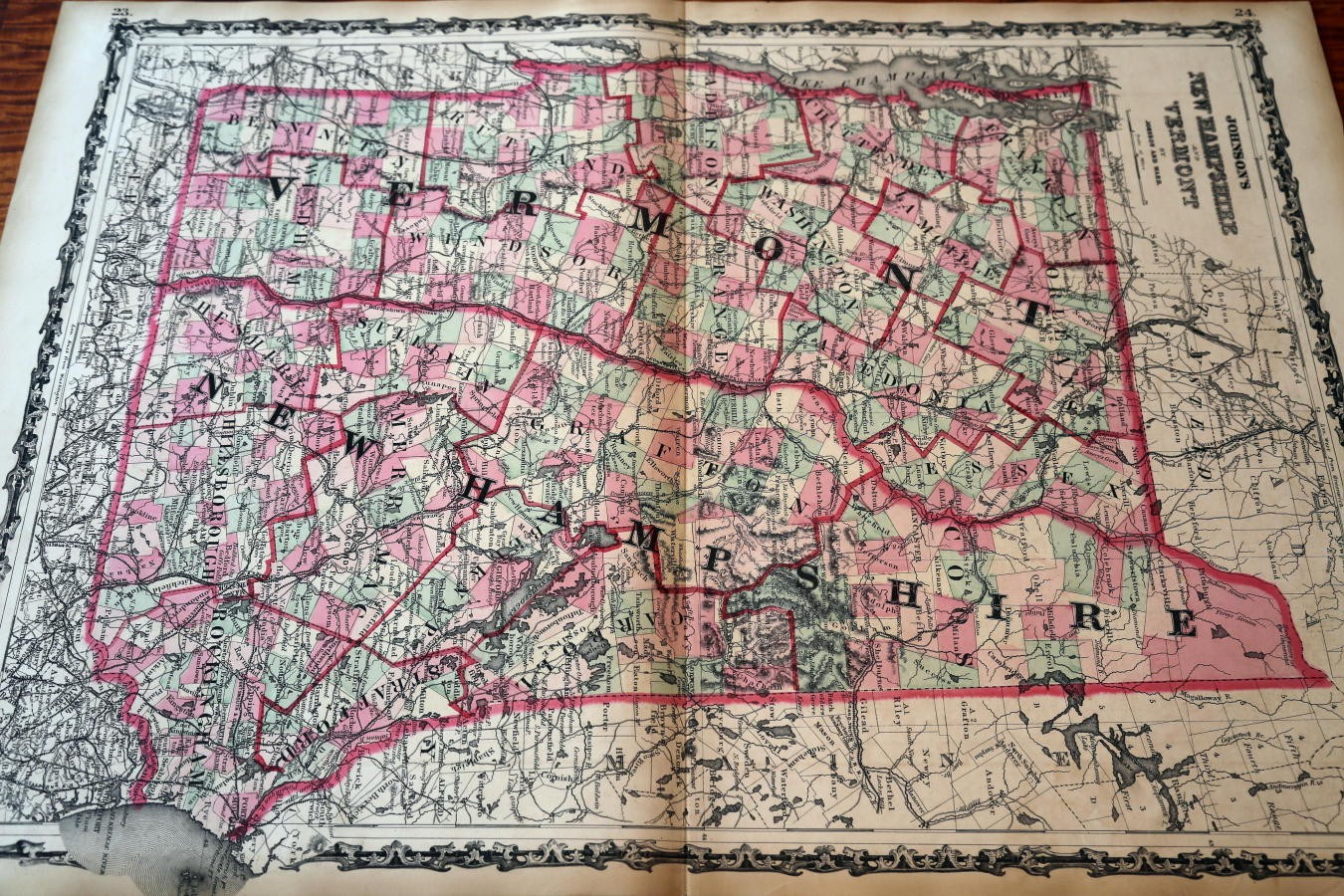 1863 JOHNSON’S ANTIQUE ATLAS MAP-VERMONT-NEW HAMPSHIRE-BEAUTIFUL HANDCOLORING