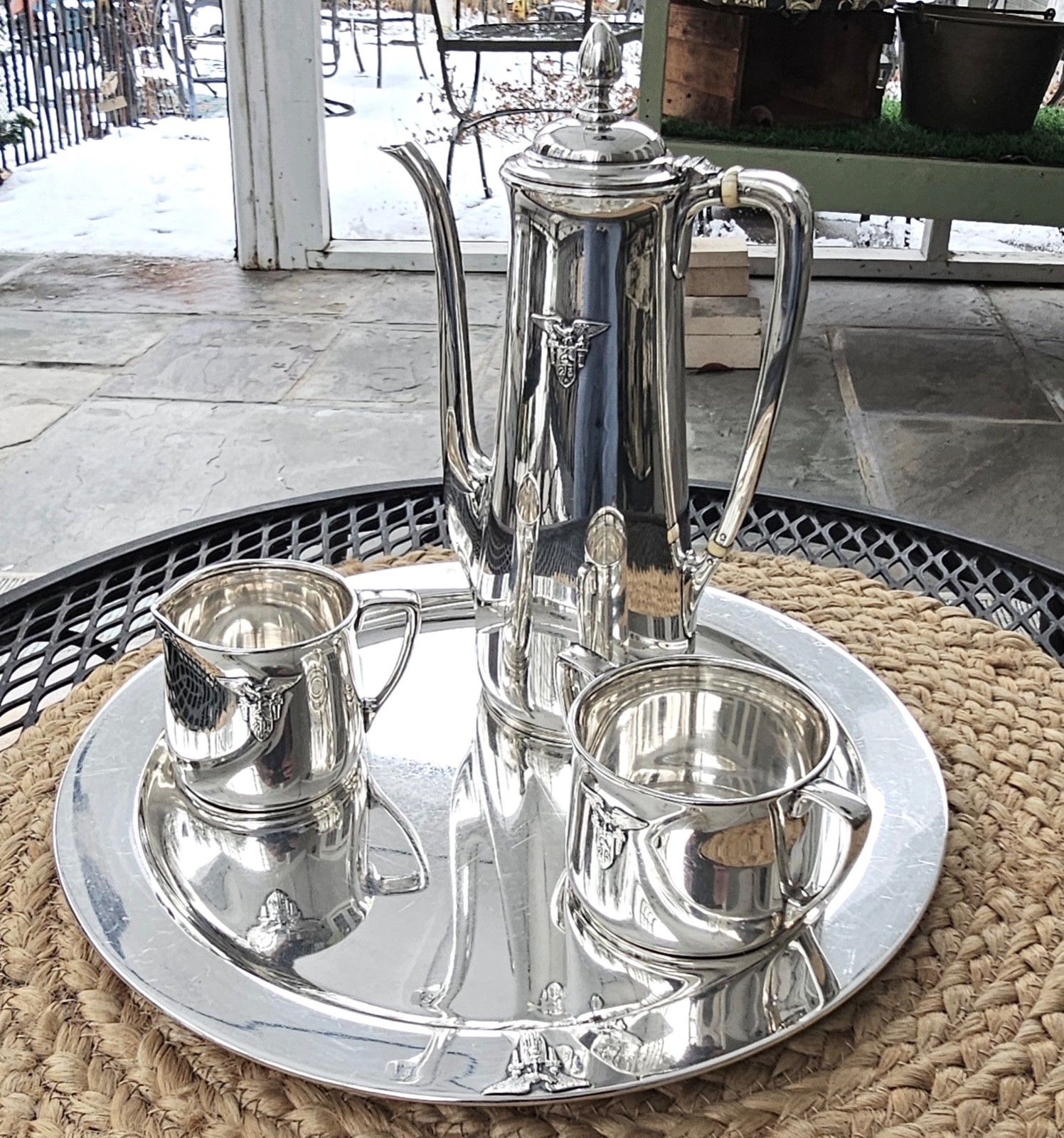 1925 TIFFANY USMA WEST POINT CRESTED STERLING SILVER 4 PCE DEMITASSE TEA SERVICE