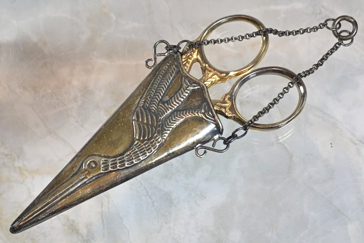 Antique REO Sterling Silver Chatelaine Sewing Vtg Crane Stork Scissors Holder
