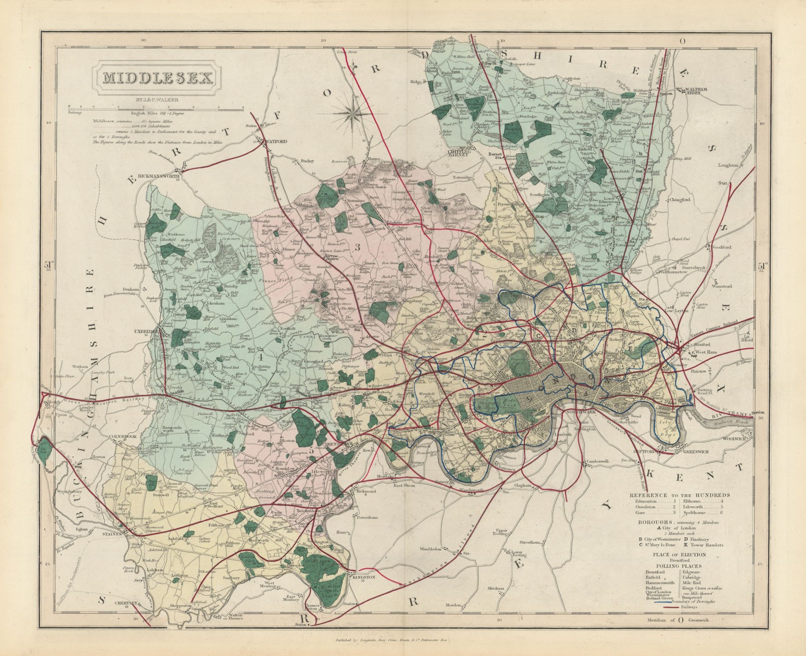 Middlesex antique county map by J & C Walker. Railways & boroughs 1870 old