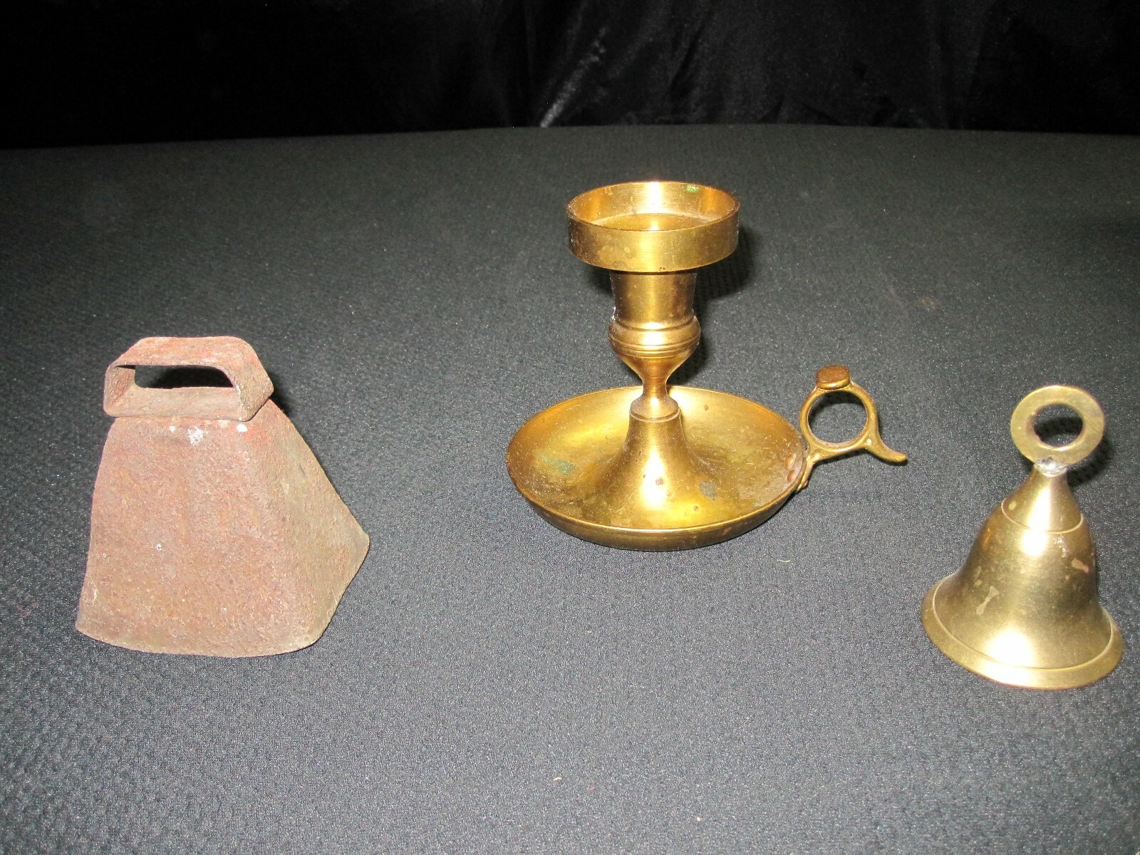 Lot of 3 Primitive Farmhouse Home Decor Rusty cow Bell, bell, candle holder~9712