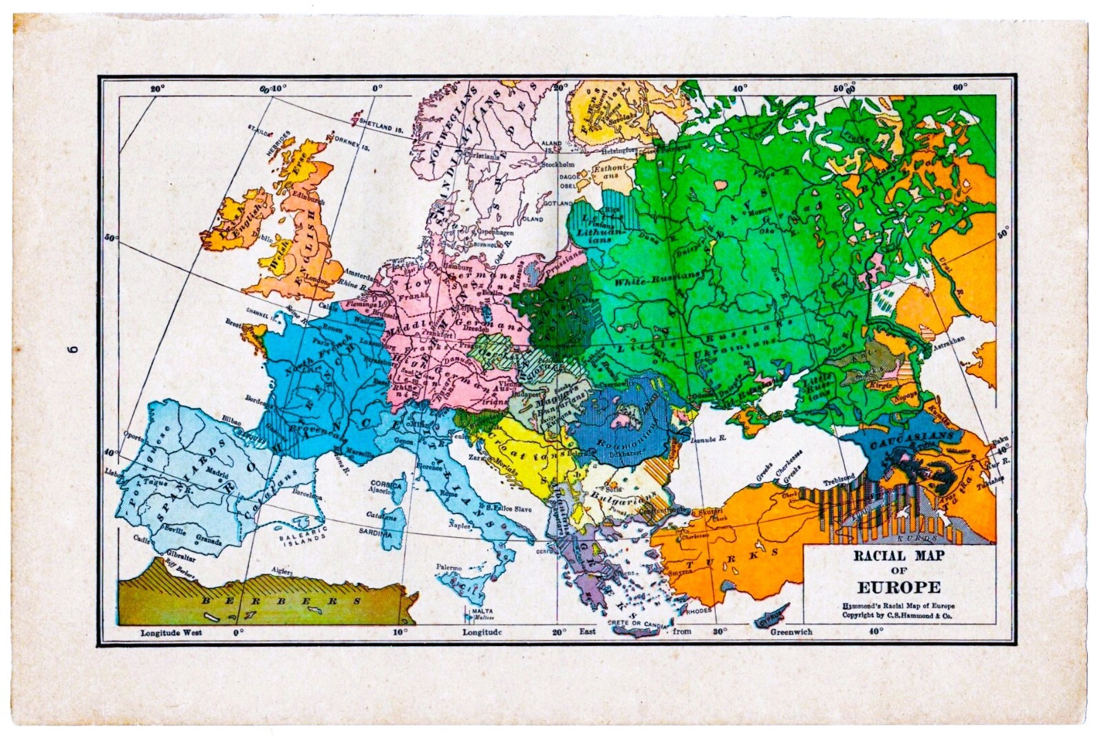 Rare Original Antque 1923 C. S. Hammond’s Racial (Ethinic) Map of Europe