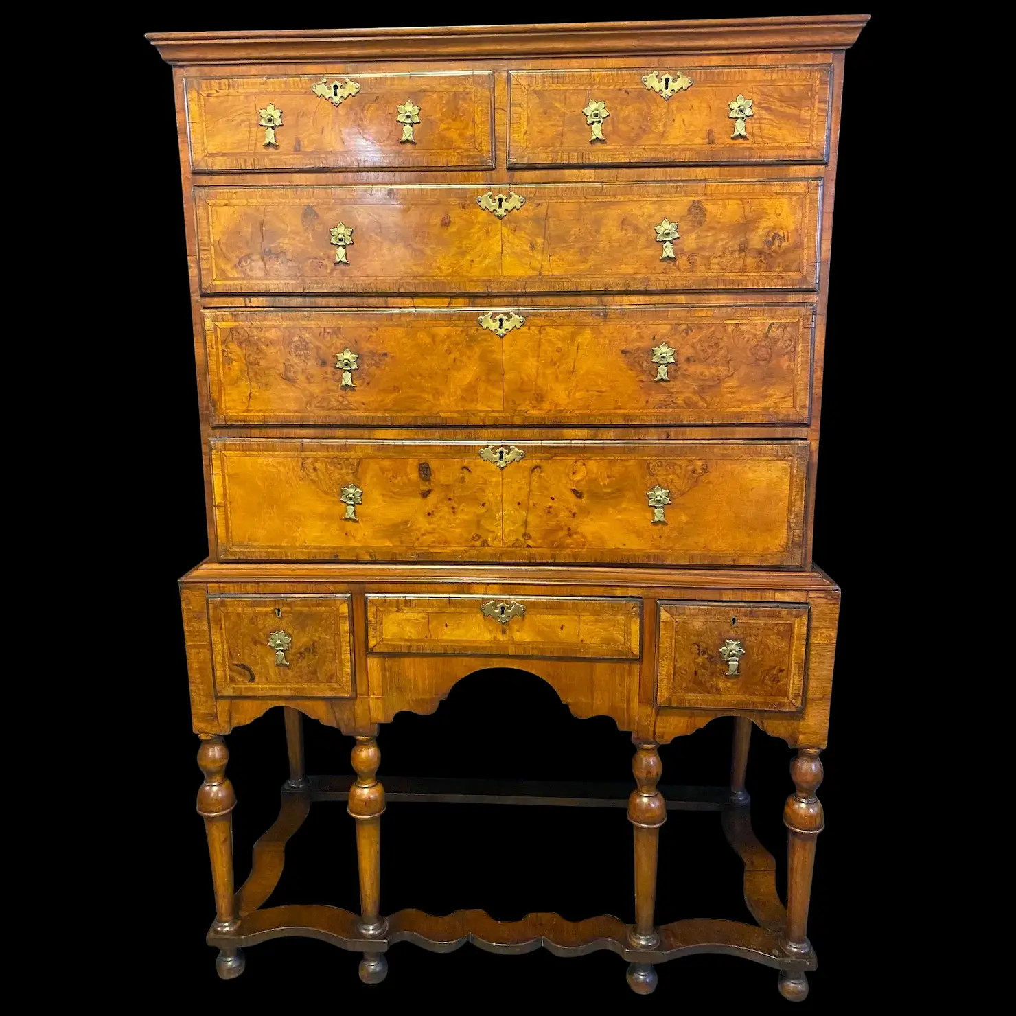 William and Mary Burled Walnut Chest on Stand with original brass handles/locks