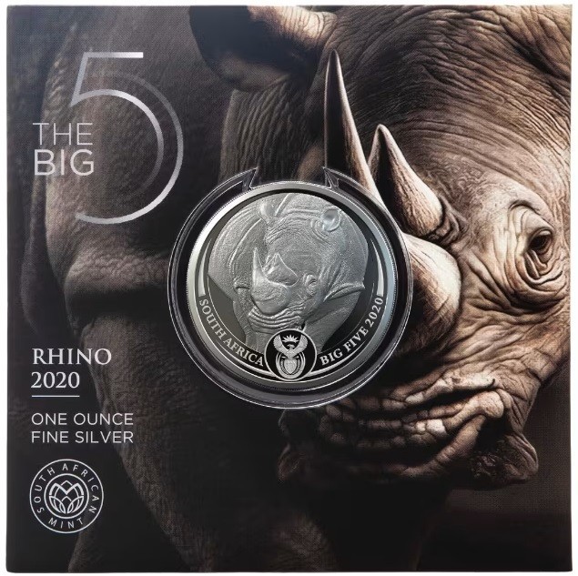 COIN SUDÁFRICA BIG FIVE I RHINO 5 RAND ONE OUNCE SILVER FINE IN COIN CARD UNC