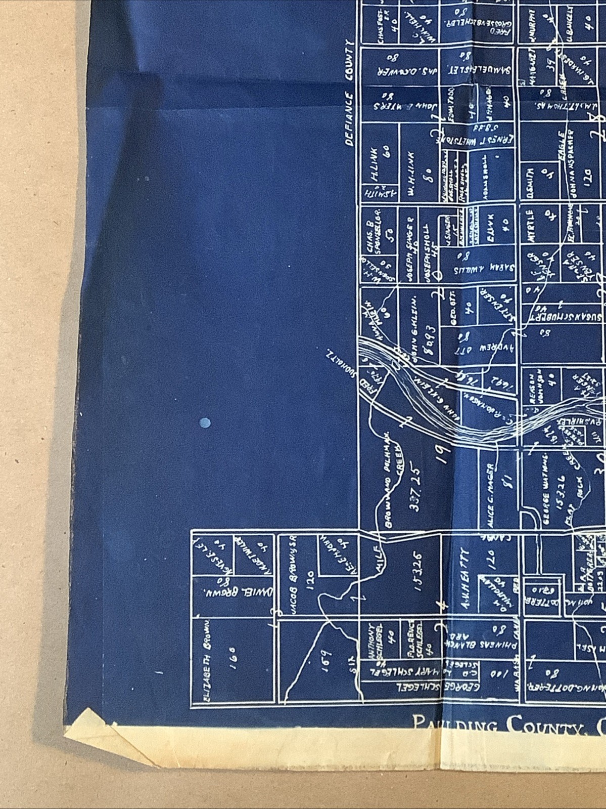 Early 1900s Blueprint Style Plot Map Auglaize Township Paulding Ohio INV-P0551