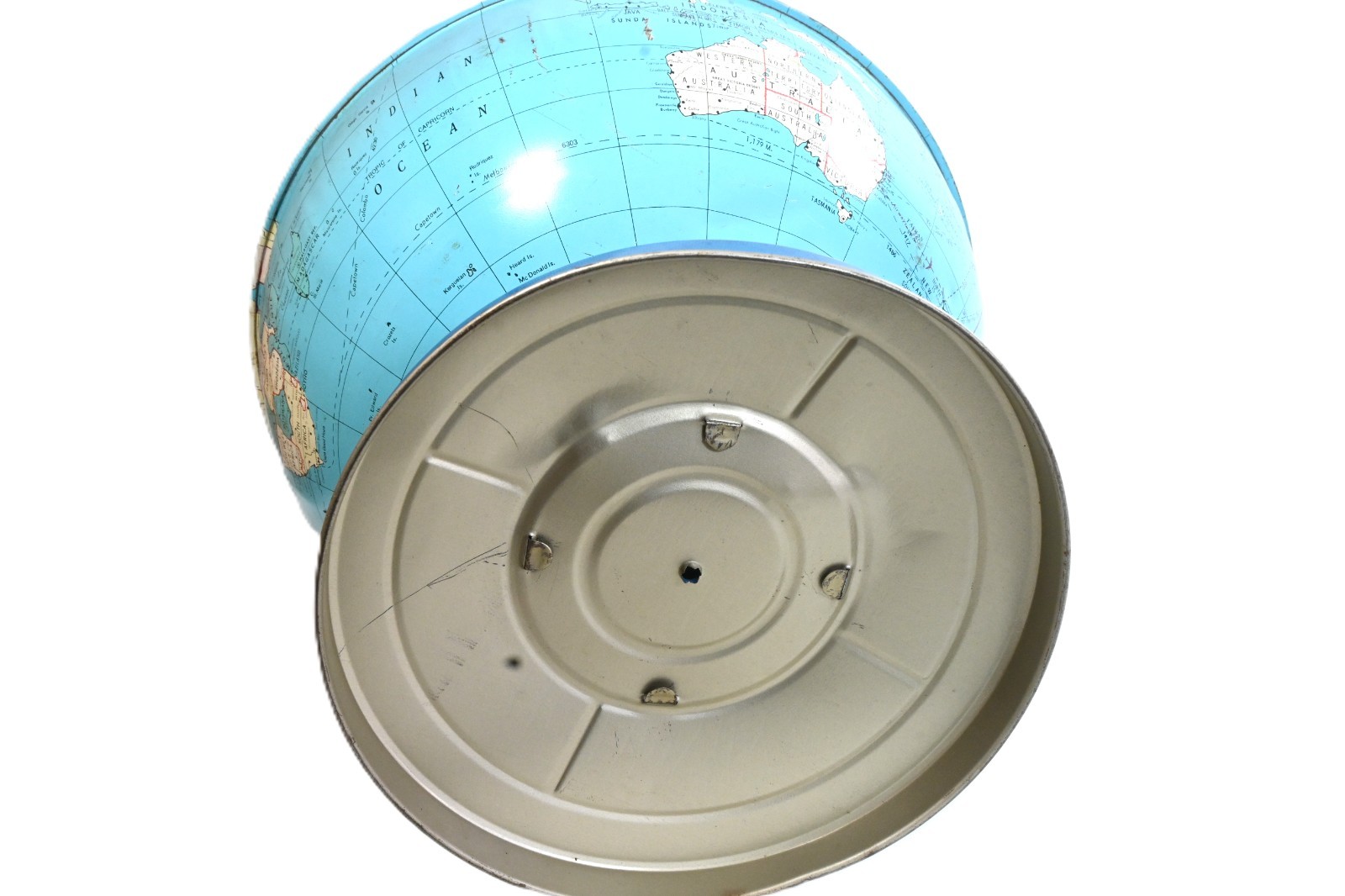 Ohio Art 9″ World Globe 1978 Tin Litho Flags Base West Germany Vintage
