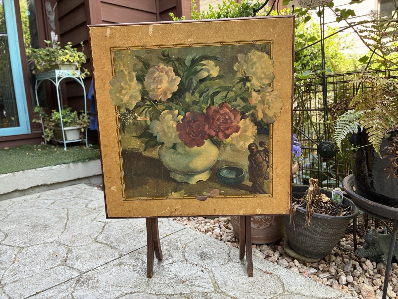 Antique Floral Folding Bridge Card Table Tilt Top Standing Art Display 37”