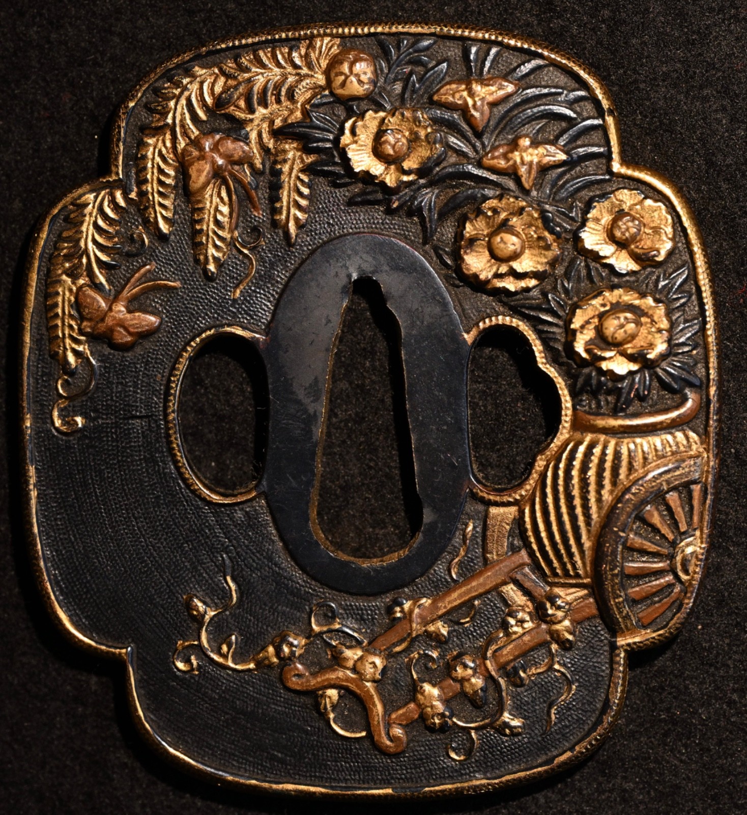 Tsuba Japanese antique Shakudo Mumei flowers butterflies trolley design Edo