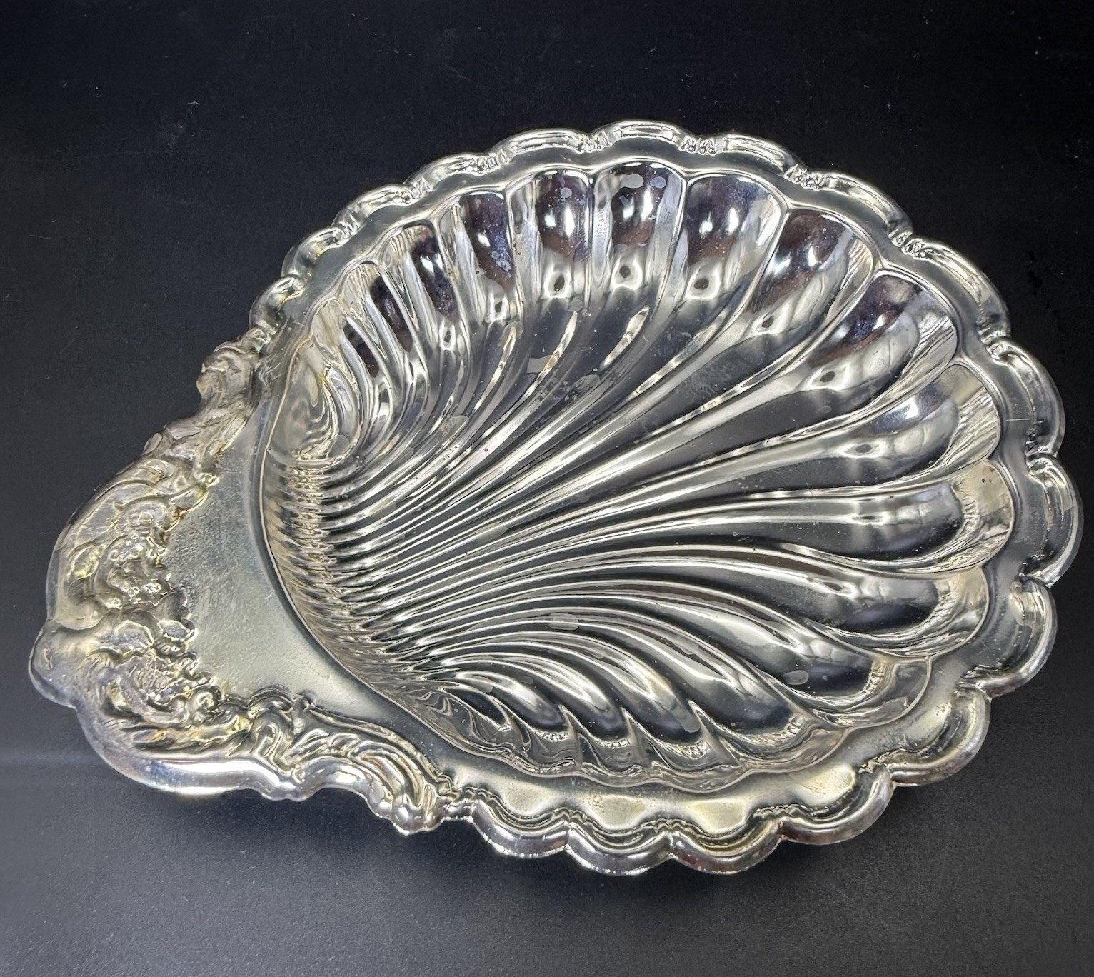 Vtg Shell Dish Silver-Plated Scallop Tray Ornate Border Seafood Plate Hong Kong