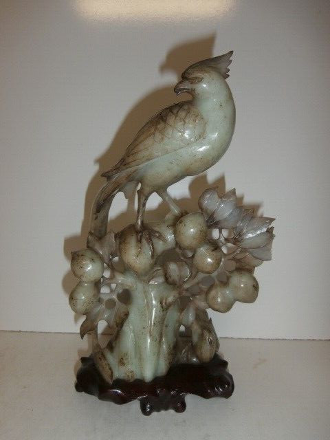 Vintage Old Jade Statue of Bird on Fruit Tree Hand Carved on Wooden Base