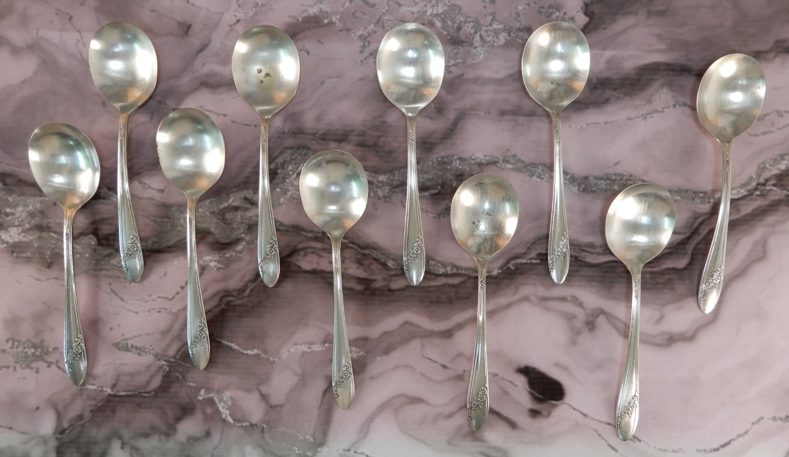 10 Pc. Tudor Plate Oneida Silver Plate Queen Bess II Gumbo Cream Soup Spoons