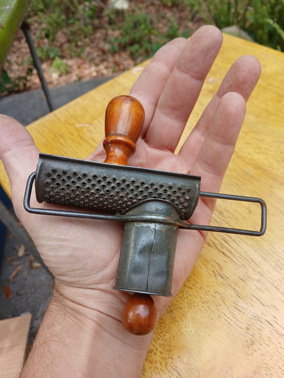Antique Pristine Nutmeg/Spice Grater/Grinder Tin Wood Hand Spring Crank