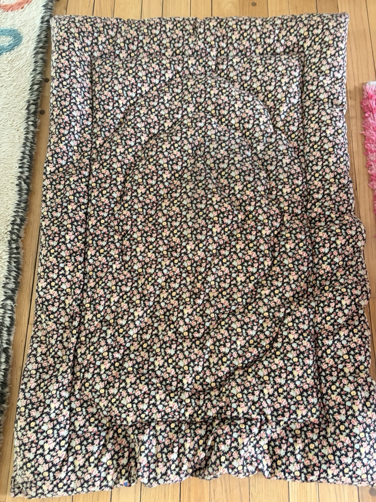 Antique French Feather quilt Eiderdown textile original condition black floral