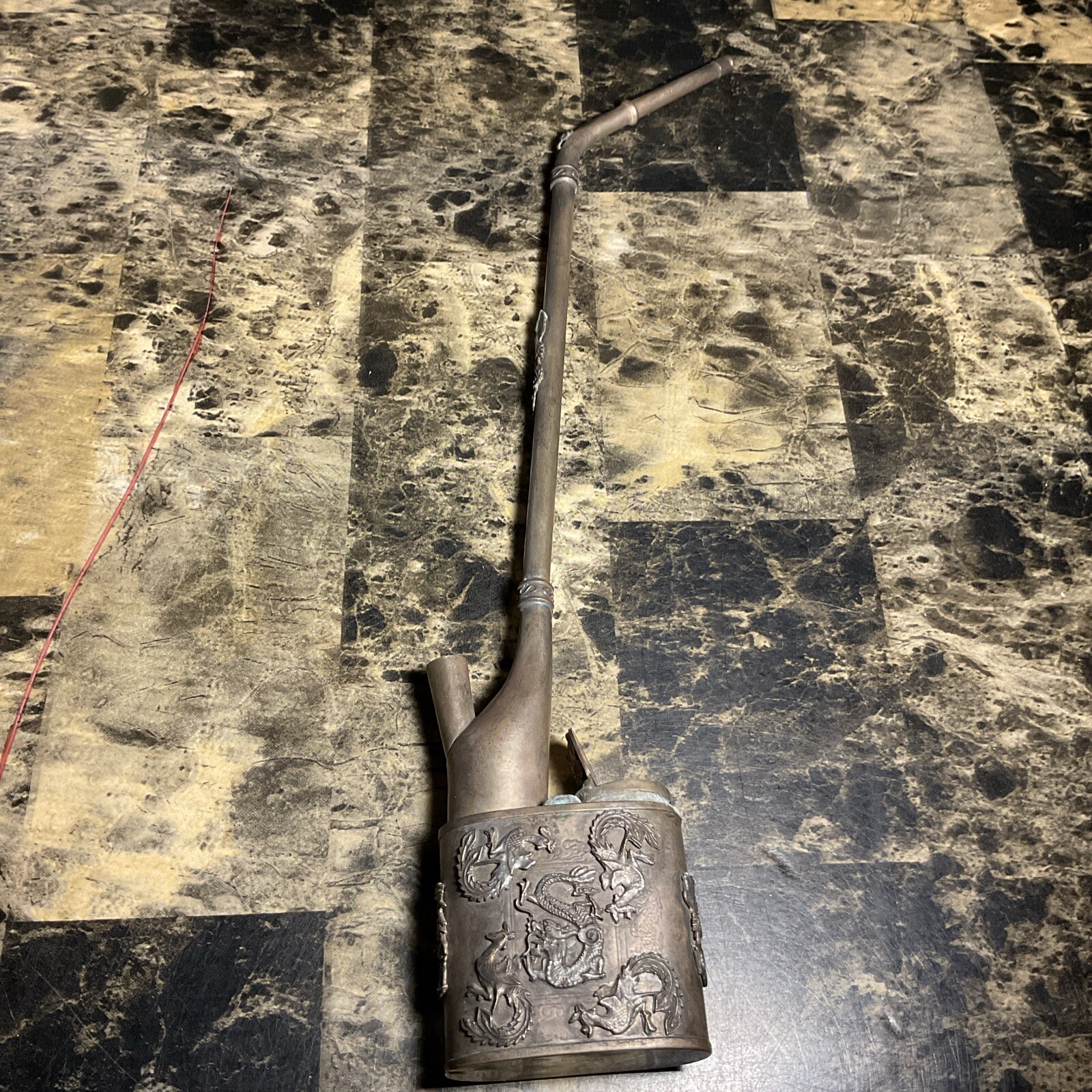 Antique Traditional Chinese Brass Etched Water Smoking Pipe With Makers Mark