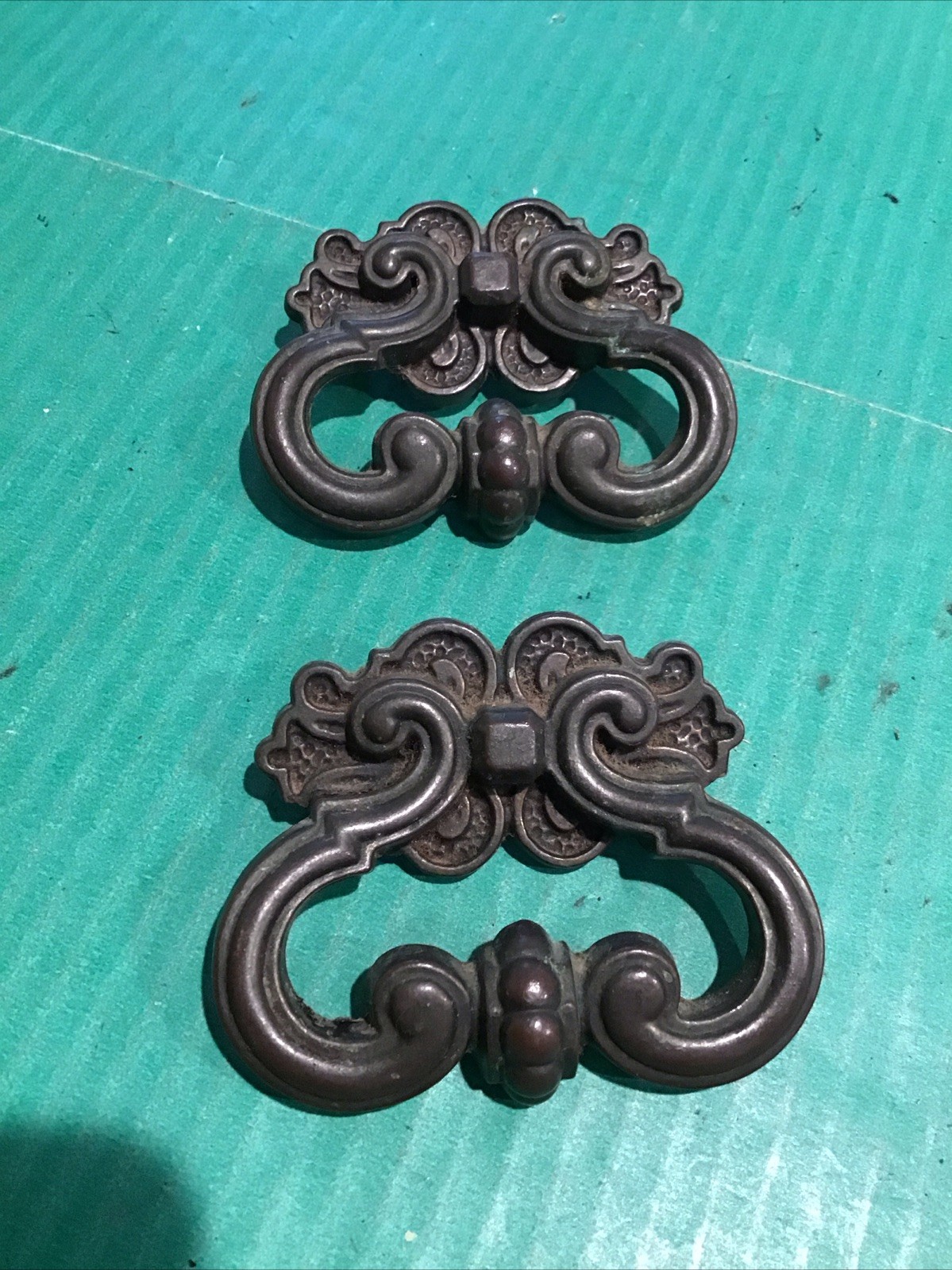 (2) Vintage Fixed Bail Bronze Cabinet Pull Handles French Provincial 2″ COC