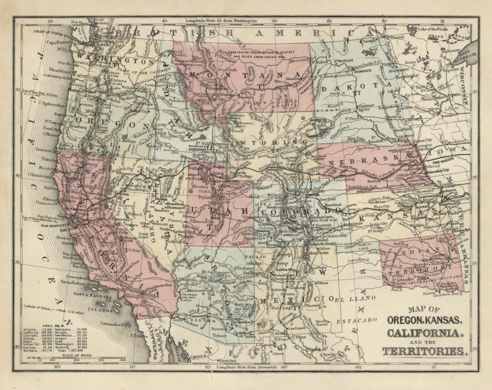 ANTIQUE Hand-Colored STATE MAP Of TEXAS, CA, OR, WY, MT, DAKOTA, KA, NM, AZ, ID