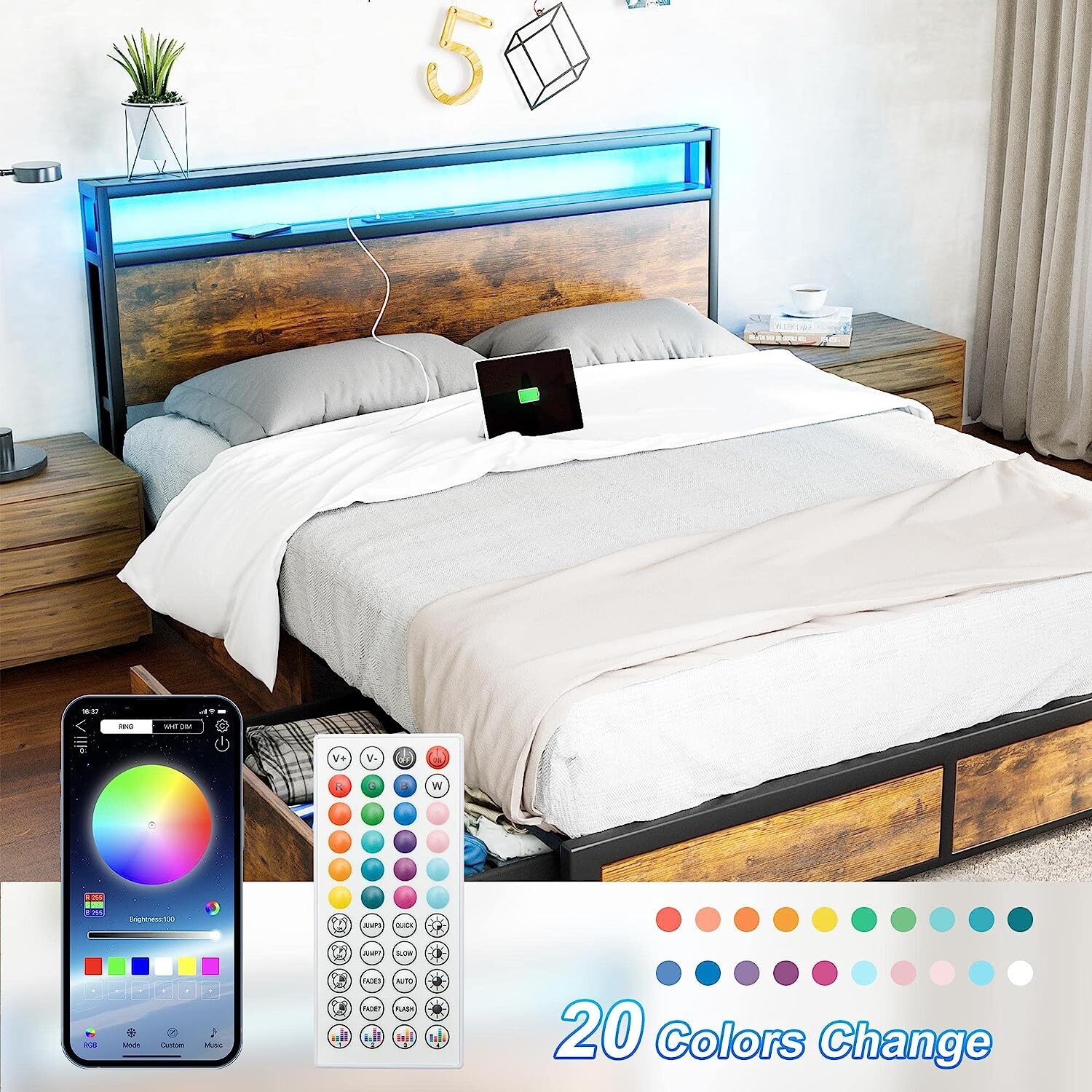 Queen Size Bed Frame Metal Platform Bed with Storage Drawers Headboard USB Ports