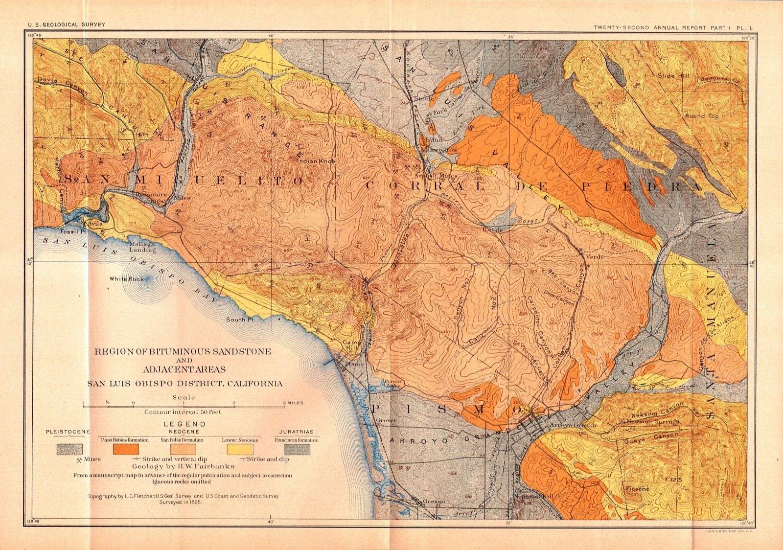 San Luis Obispo, California-Bituminous Sandstone-Antique 1901 USGS Geology Map