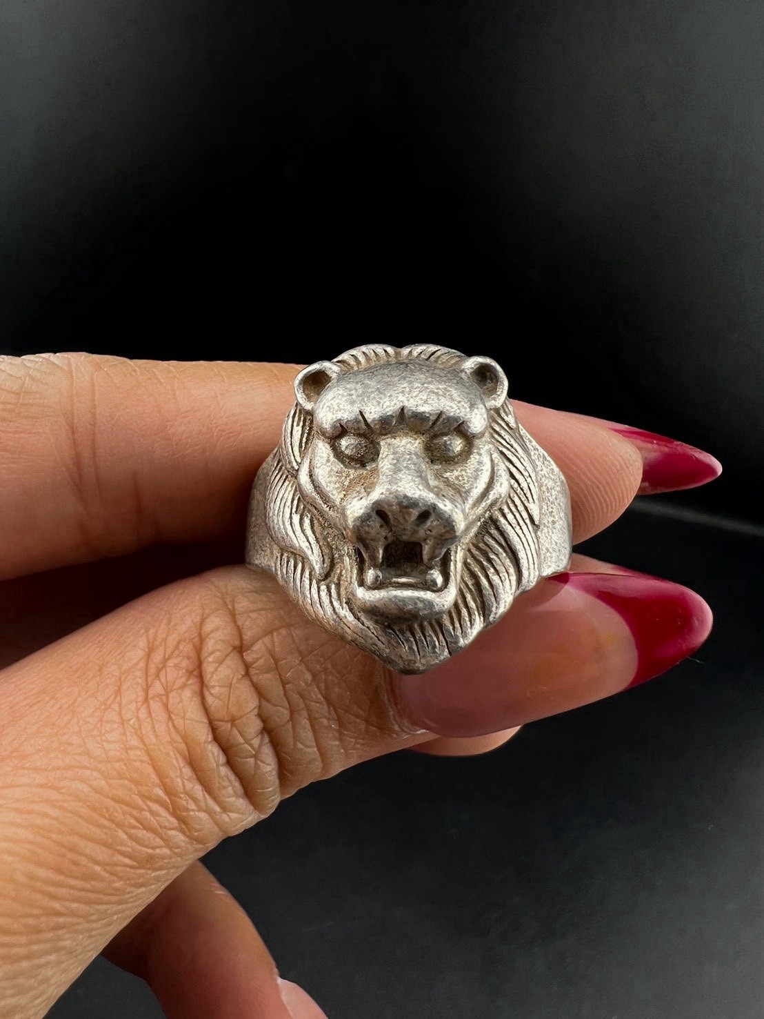 Rare Vintage Solid Silver Lion 2 Frog Head Ring