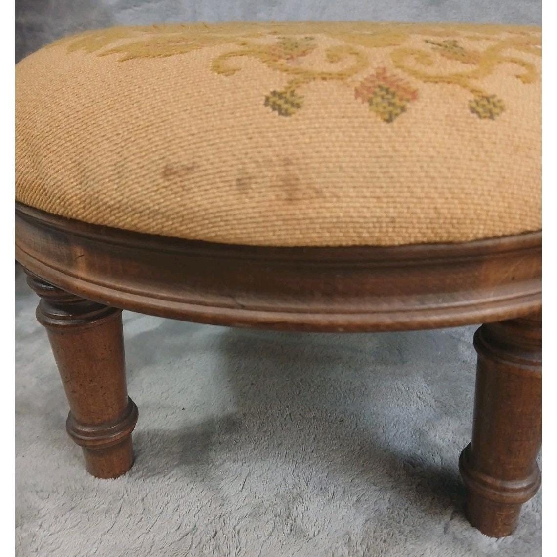 Vtg Ethan Allen Wood Footstool Turned Leg Original Needlework Upholstery Y READ