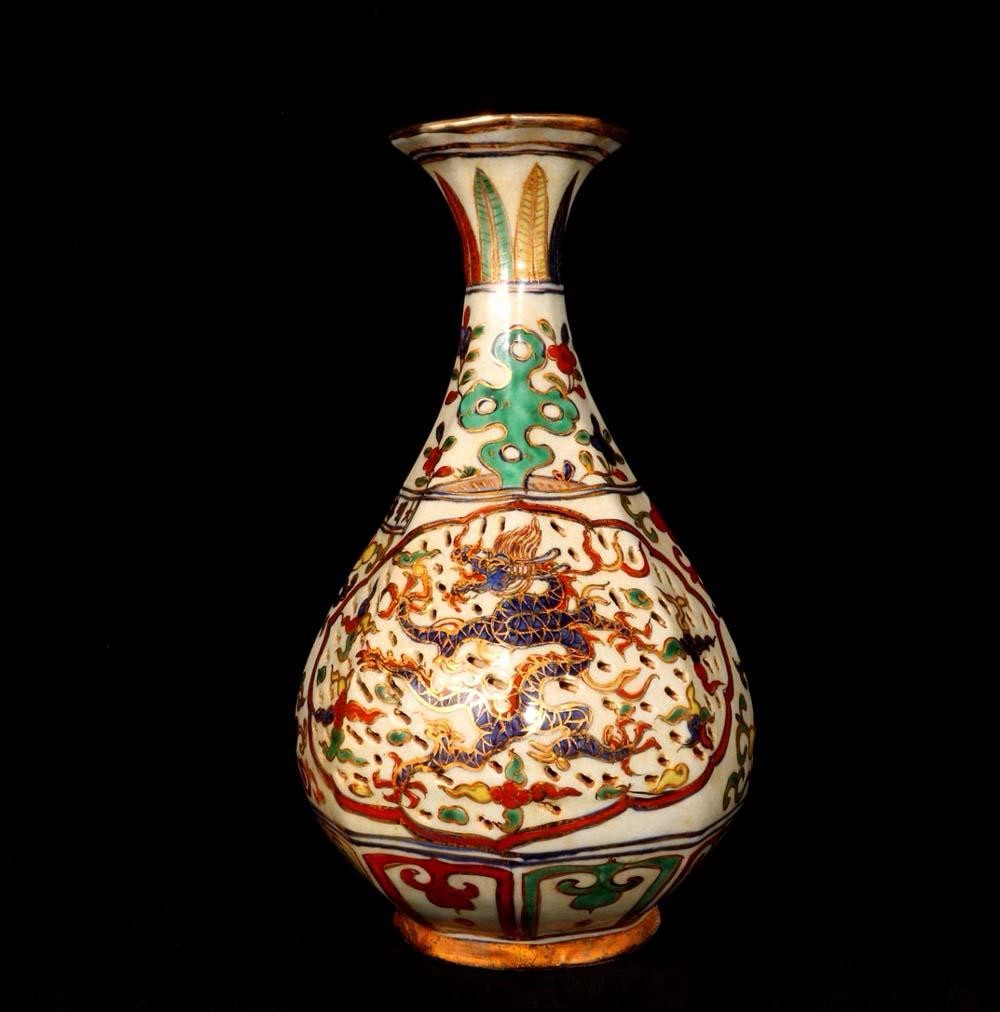 33CM Wanli Signed Old Chinese Wucai Vase W/dragon U1646