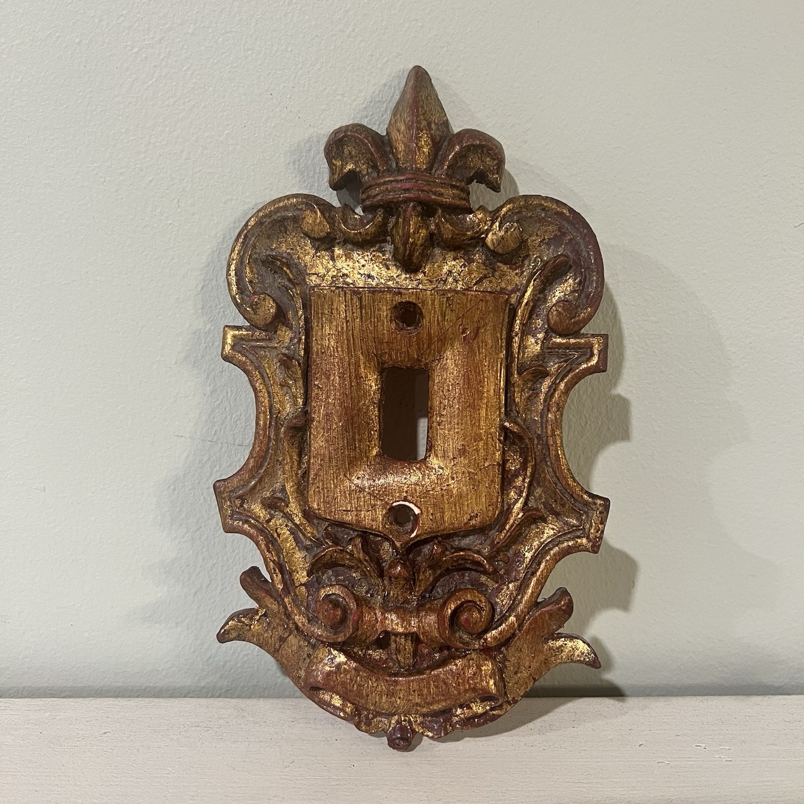 Vintage Ornate Wood Outlet Cover Fleur de Lis Gold Gild Hand Painted Rustic