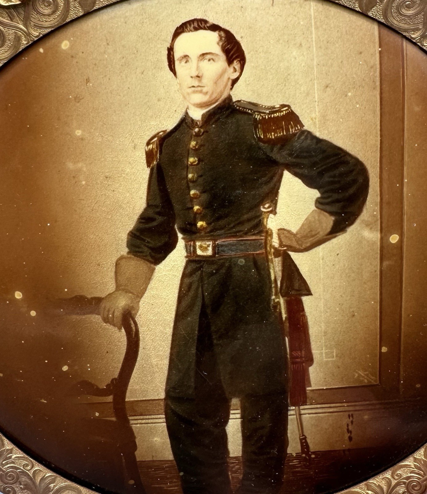 1900s Tintype Portrait American Cavalry Soldier Columbia Medallion Studios Frame