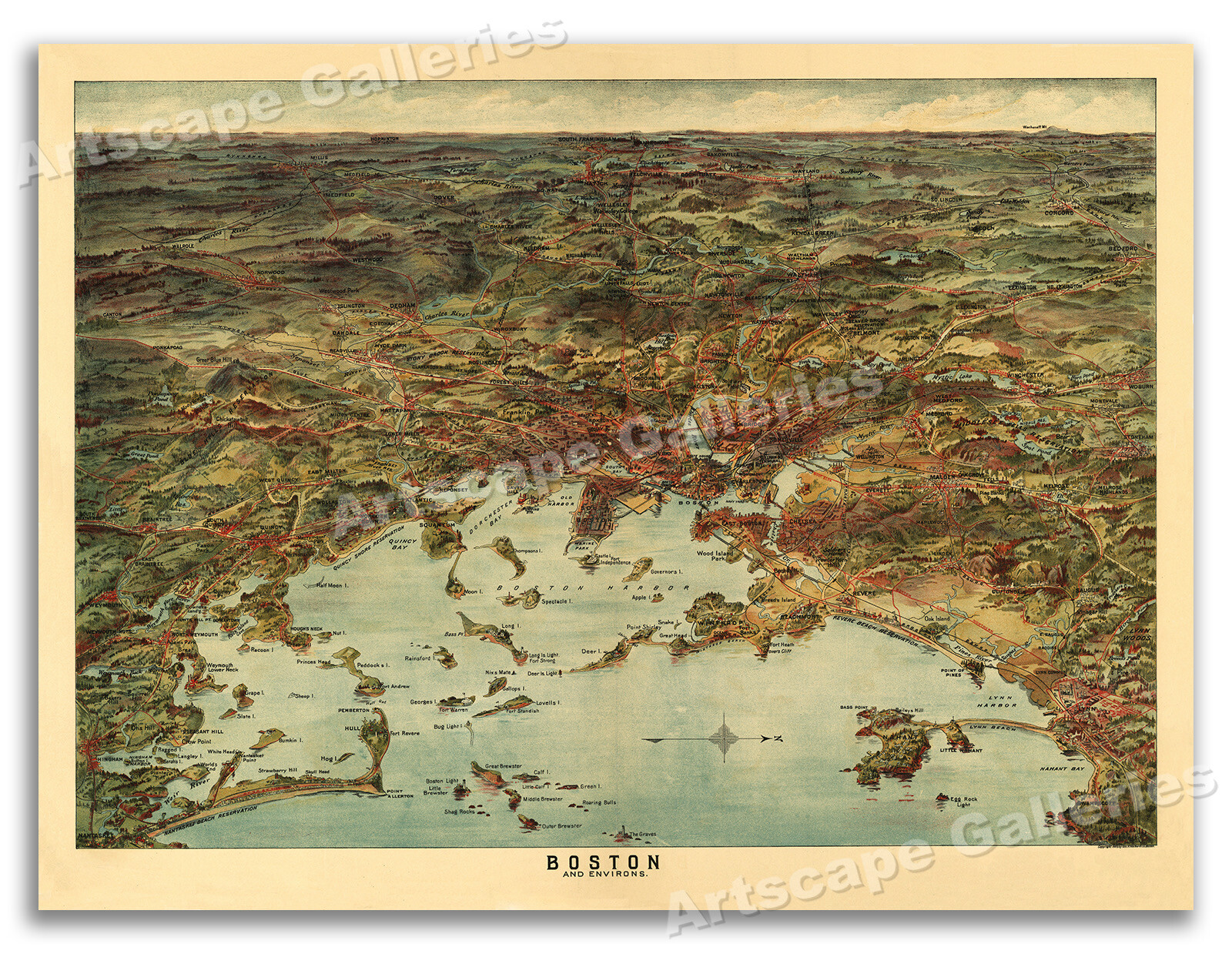 1905 Boston Massachusetts Vintage Old Panoramic City Map – 18×24