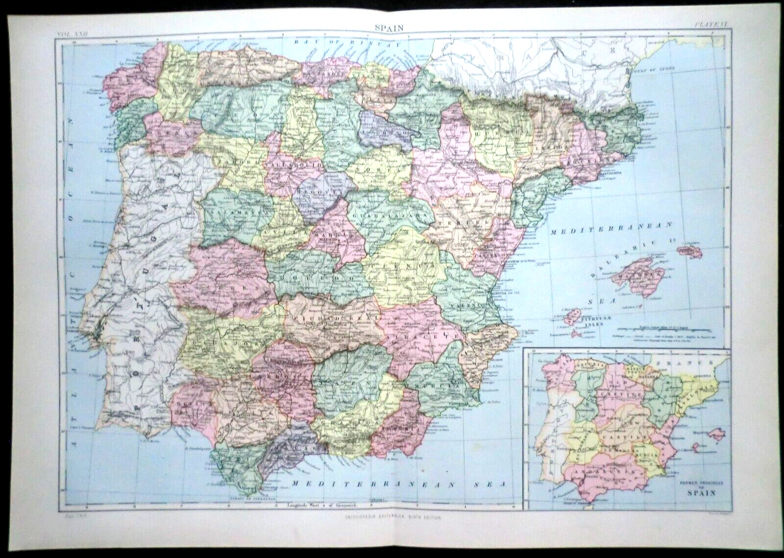 Original Victorian Colour Map of Spain (1888) Ex Britannica 9th Ed, Spanish