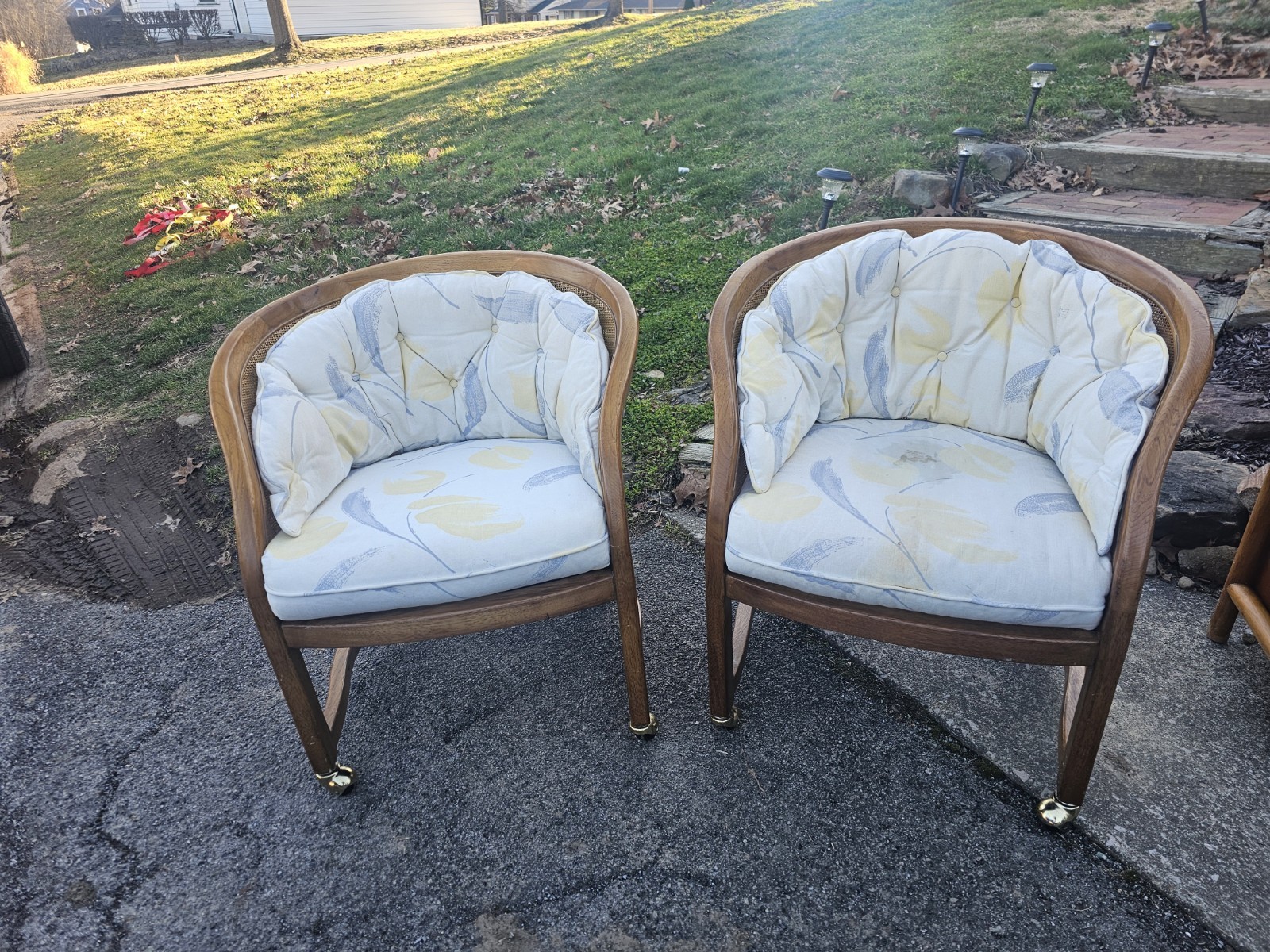 Vintage Bernhardt Barrel Chair Pair Swivel Rattan Sculpted Walnut Tufted Cushion