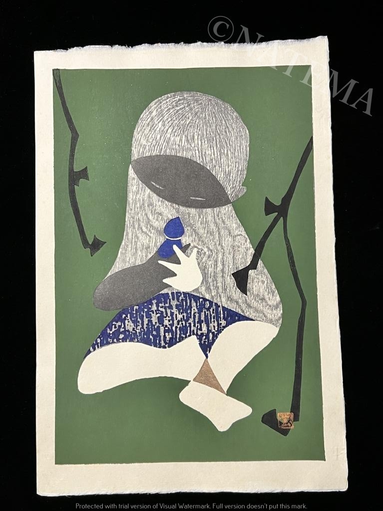 Kaoru kawano Japanese Woodblock Print “CONVERSATION” 1960s–1970s seal Shinhanga