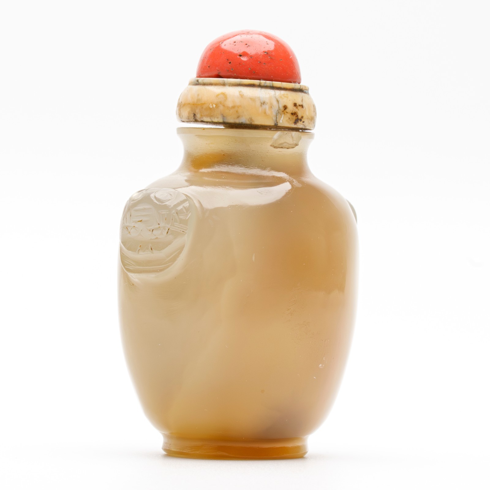 Chinese Snuff Bottle Agate Red Coral Stopper Beast Mask Handles Qing 19th C