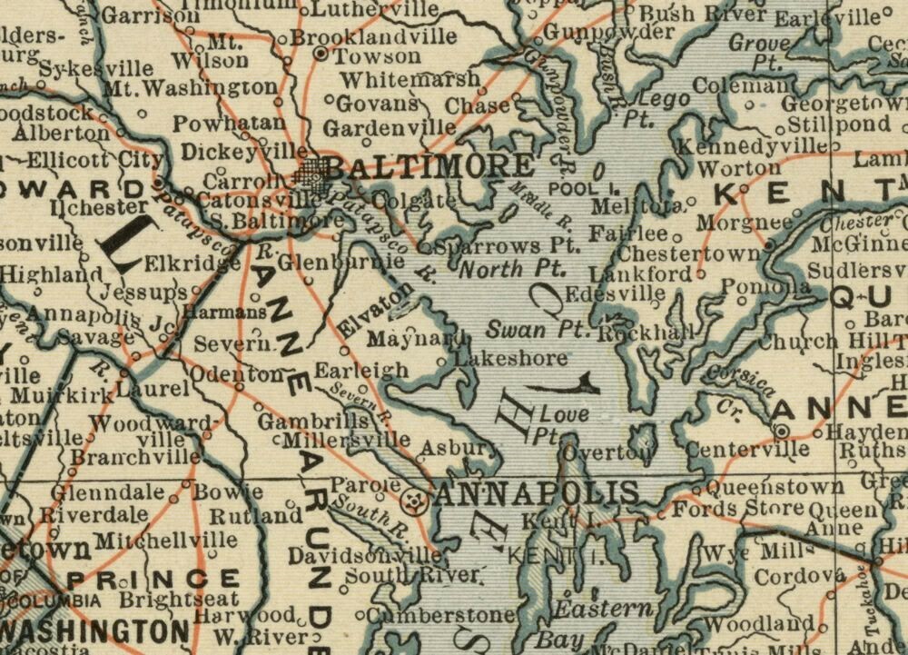 MARYLAND & DELAWARE Map: Authentic 1907 (dated) County Town Topography Railroads