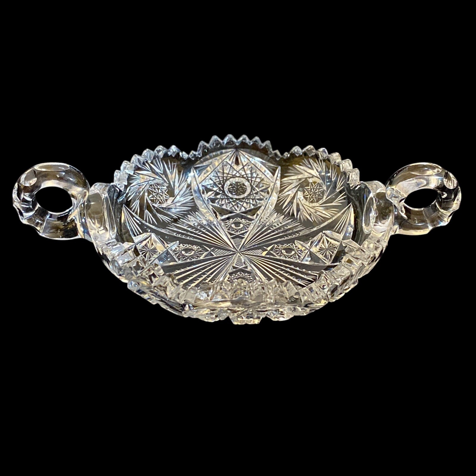 American Brilliant Period Double Handled Trinket Dish Cut Glass Antique READ