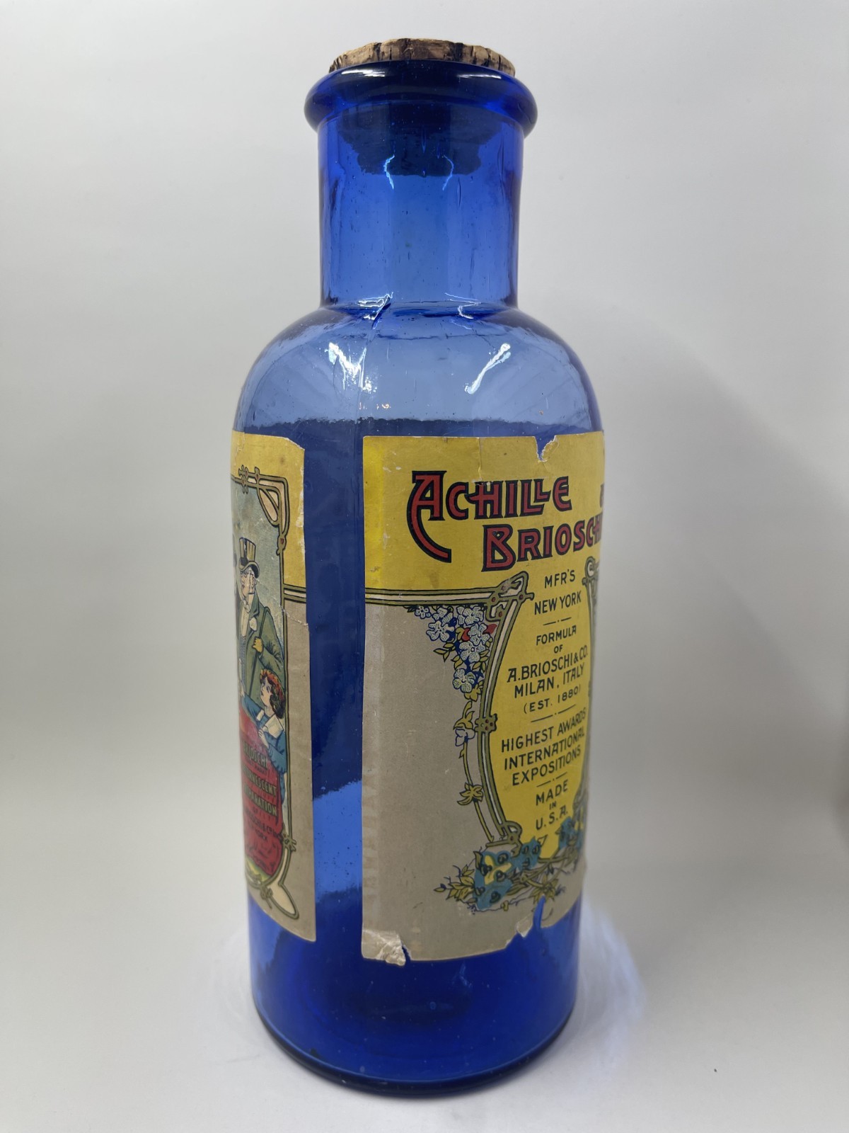 BRIOSCHI Antique Pharmacy Medicine Bottle Original Paper Label & Cork