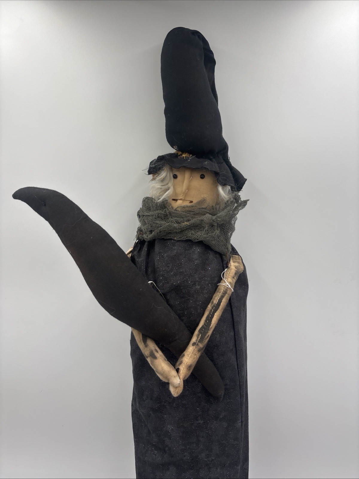 Handmade Scary Witch Doll with Crow Primitive Halloween Folk Art Decor 33in